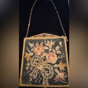 Exquisite Floral Embroidered Evening Bag, French, enamel, w/ mirror, filigree